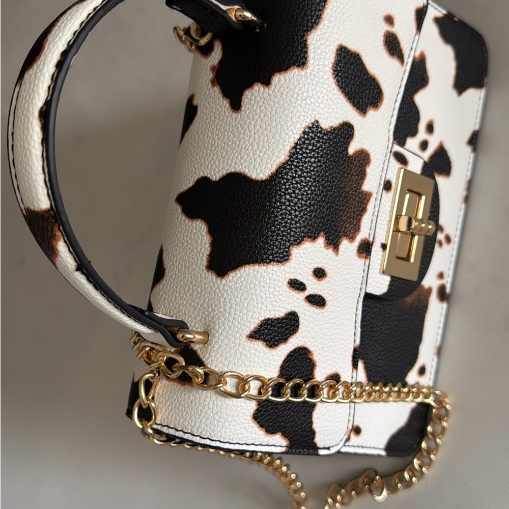 Cow Print Women's Bag with Gold Chain